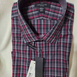 Structure Fitted Men's XL long sleeve dress shirt black gray burgundy plaid new